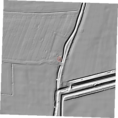 Shaded relief map of the ground around PE344TF, computed from Environment Agency LiDAR. The ground here sits at about 2 m above sea level and falls 6 m across the surrounding 800 m. Surface water reaching this point runs off ground lying to the east, 4.2 m higher.