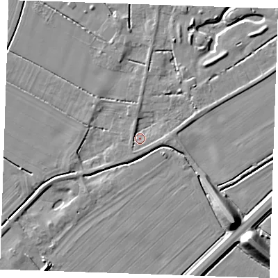 Shaded relief map of the ground around PE344TN, computed from Environment Agency LiDAR. The ground here sits at about 2 m above sea level and falls 12 m across the surrounding 800 m. Surface water reaching this point runs off ground lying to the east, 2.2 m higher.