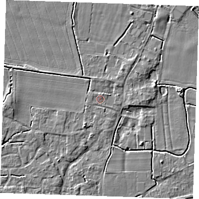 Shaded relief map of the ground around PE344WA, computed from Environment Agency LiDAR. The ground here sits at about 3 m above sea level and falls 4 m across the surrounding 800 m. Surface water reaching this point runs off ground lying to the north, 1.0 m higher.