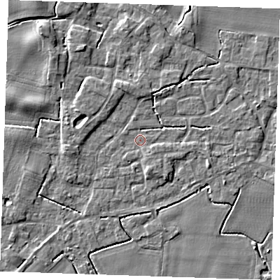 Shaded relief map of the ground around PE344WE, computed from Environment Agency LiDAR. The ground here sits at about 3 m above sea level and falls 5 m across the surrounding 800 m. Surface water reaching this point runs off ground lying to the south-east, 2.5 m higher.