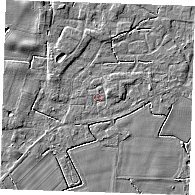 Shaded relief map of the ground around PE344WG, computed from Environment Agency LiDAR. The ground here sits at about 3 m above sea level and falls 5 m across the surrounding 800 m. Surface water reaching this point runs off ground lying to the east-north-east, 1.9 m higher.