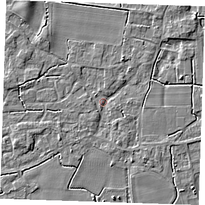 Shaded relief map of the ground around PE344WQ, computed from Environment Agency LiDAR. The ground here sits at about 3 m above sea level and falls 4 m across the surrounding 800 m. Surface water reaching this point runs off ground lying to the south-south-east, 2.0 m higher.