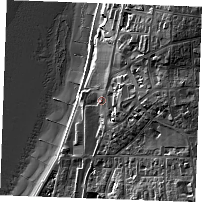 Shaded relief map of the ground around PE365AJ, computed from Environment Agency LiDAR. The ground here sits at about 12 m above sea level and falls 36 m across the surrounding 800 m. Surface water reaching this point runs off ground lying to the east, 20.5 m higher.