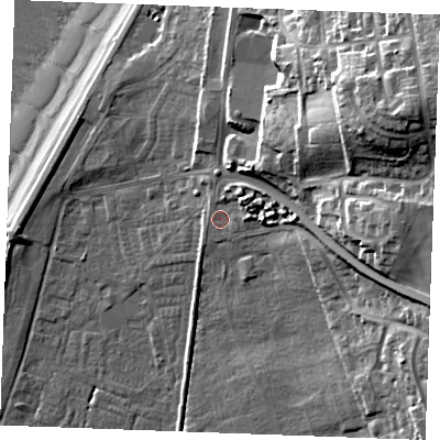 Shaded relief map of the ground around PE365AX, computed from Environment Agency LiDAR. The ground here sits at about 7 m above sea level and falls 31 m across the surrounding 800 m. Surface water reaching this point runs off ground lying to the east-north-east, 22.7 m higher.