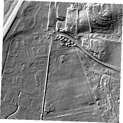 Shaded relief map of the ground around PE365AZ, computed from Environment Agency LiDAR. The ground here sits at about 7 m above sea level and falls 31 m across the surrounding 800 m. Surface water reaching this point runs off ground lying to the east-north-east, 6.5 m higher.