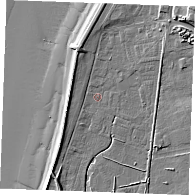 Shaded relief map of the ground around PE365BA, computed from Environment Agency LiDAR. The ground here sits at about 3 m above sea level and falls 17 m across the surrounding 800 m. Surface water reaching this point runs off ground lying to the north-north-west, 4.4 m higher.