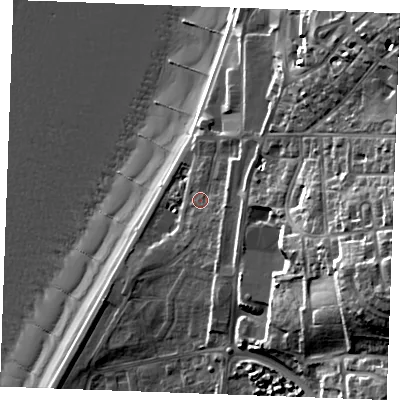 Shaded relief map of the ground around PE365BD, computed from Environment Agency LiDAR. The ground here sits at about 7 m above sea level and falls 32 m across the surrounding 800 m. Surface water reaching this point runs off ground lying to the east-south-east, 23.2 m higher.