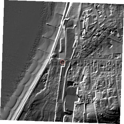 Shaded relief map of the ground around PE365BE, computed from Environment Agency LiDAR. The ground here sits at about 8 m above sea level and falls 34 m across the surrounding 800 m. Surface water reaching this point runs off ground lying to the east-north-east, 2.6 m higher.