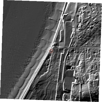 Shaded relief map of the ground around PE365BF, computed from Environment Agency LiDAR. The ground here sits at about 6 m above sea level and falls 31 m across the surrounding 800 m. Surface water reaching this point runs off ground lying to the east, 5.8 m higher.