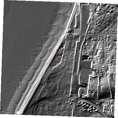 Shaded relief map of the ground around PE365BH, computed from Environment Agency LiDAR. The ground here sits at about 5 m above sea level and falls 30 m across the surrounding 800 m. Surface water reaching this point runs off ground lying to the east-south-east, 23.9 m higher.
