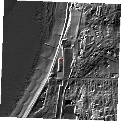 Shaded relief map of the ground around PE365BQ, computed from Environment Agency LiDAR. The ground here sits at about 8 m above sea level and falls 35 m across the surrounding 800 m. Surface water reaching this point runs off ground lying to the east-north-east, 23.0 m higher.