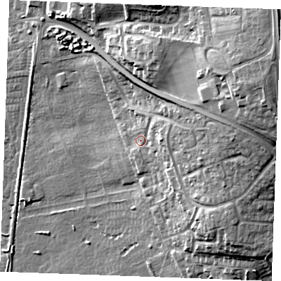 Shaded relief map of the ground around PE365JF, computed from Environment Agency LiDAR. The ground here sits at about 13 m above sea level and falls 32 m across the surrounding 800 m. Surface water reaching this point runs off ground lying to the east-north-east, 7.8 m higher.