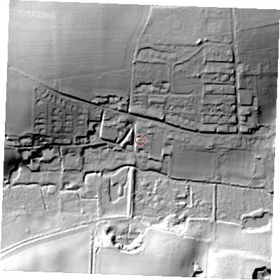 Shaded relief map of the ground around PE365NX, computed from Environment Agency LiDAR. The ground here sits at about 24 m above sea level and falls 33 m across the surrounding 800 m. Surface water reaching this point runs off ground lying to the north, 24.4 m higher.