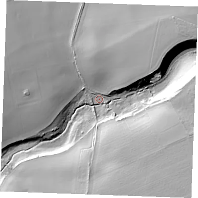 Shaded relief map of the ground around PE365NZ, computed from Environment Agency LiDAR. The ground here sits at about 10 m above sea level and falls 26 m across the surrounding 800 m. Surface water reaching this point runs off ground lying to the south-east, 23.7 m higher.