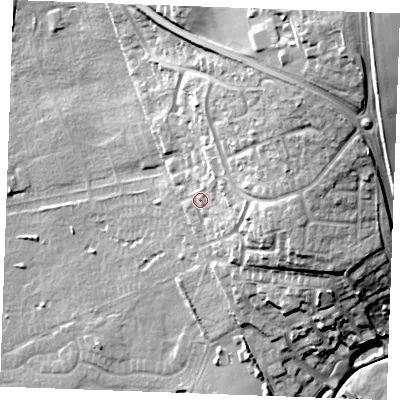 Shaded relief map of the ground around PE365PA, computed from Environment Agency LiDAR. The ground here sits at about 13 m above sea level and falls 30 m across the surrounding 800 m. Surface water reaching this point runs off ground lying to the east, 8.0 m higher.