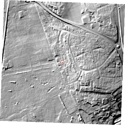 Shaded relief map of the ground around PE365PB, computed from Environment Agency LiDAR. The ground here sits at about 12 m above sea level and falls 32 m across the surrounding 800 m. Surface water reaching this point runs off ground lying to the north-east, 21.9 m higher.