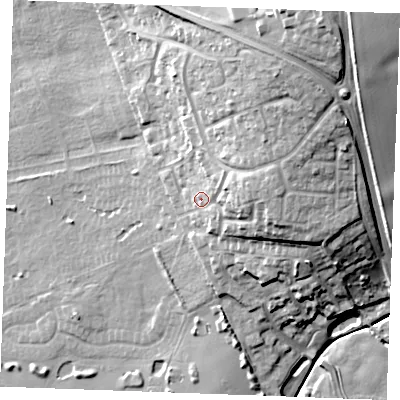 Shaded relief map of the ground around PE365PE, computed from Environment Agency LiDAR. The ground here sits at about 14 m above sea level and falls 30 m across the surrounding 800 m. Surface water reaching this point runs off ground lying to the east-north-east, 14.2 m higher.