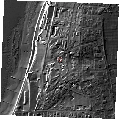 Shaded relief map of the ground around PE366BL, computed from Environment Agency LiDAR. The ground here sits at about 23 m above sea level and falls 37 m across the surrounding 800 m. Surface water reaching this point runs off ground lying to the north-east, 13.8 m higher.