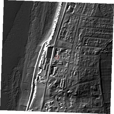 Shaded relief map of the ground around PE366DU, computed from Environment Agency LiDAR. The ground here sits at about 21 m above sea level and falls 37 m across the surrounding 800 m. Surface water reaching this point runs off ground lying to the east, 14.8 m higher.