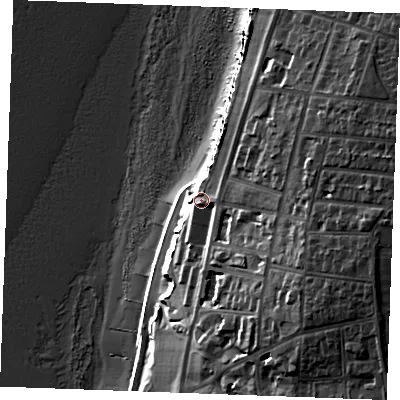 Shaded relief map of the ground around PE366FH, computed from Environment Agency LiDAR. The ground here sits at about 18 m above sea level and falls 37 m across the surrounding 800 m. Surface water reaching this point runs off ground lying to the east, 21.8 m higher.