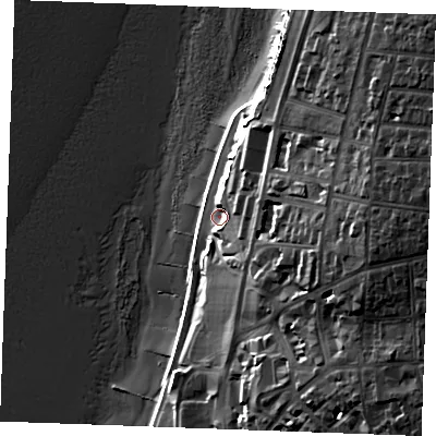 Shaded relief map of the ground around PE366GB, computed from Environment Agency LiDAR. The ground here sits at about 8 m above sea level and falls 37 m across the surrounding 800 m. Surface water reaching this point runs off ground lying to the east, 17.9 m higher.