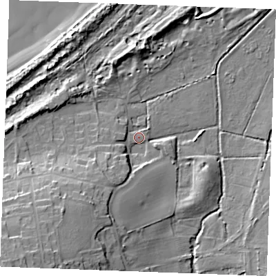 Shaded relief map of the ground around PE366JE, computed from Environment Agency LiDAR. The ground here sits at about 4 m above sea level and falls 22 m across the surrounding 800 m. Surface water reaching this point runs off ground lying to the south-west, 15.5 m higher.