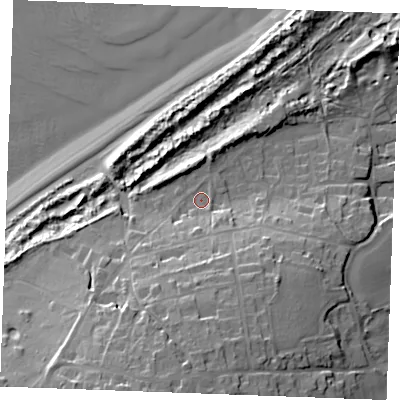Shaded relief map of the ground around PE366JG, computed from Environment Agency LiDAR. The ground here sits at about 9 m above sea level and falls 24 m across the surrounding 800 m. Surface water reaching this point runs off ground lying to the south, 15.0 m higher.