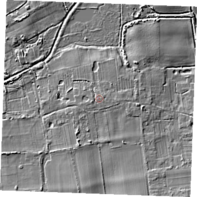Shaded relief map of the ground around PE366LF, computed from Environment Agency LiDAR. The ground here sits at about 7 m above sea level and falls 9 m across the surrounding 800 m. Surface water reaching this point runs off ground lying to the south-east, 1.3 m higher.