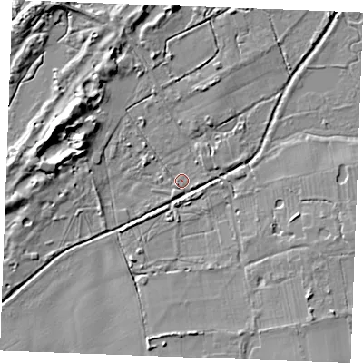 Shaded relief map of the ground around PE366LG, computed from Environment Agency LiDAR. The ground here sits at about 3 m above sea level and falls 11 m across the surrounding 800 m. Surface water reaching this point runs off ground lying to the west-north-west, 10.7 m higher.