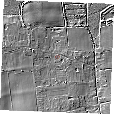 Shaded relief map of the ground around PE366LH, computed from Environment Agency LiDAR. The ground here sits at about 6 m above sea level and falls 11 m across the surrounding 800 m. Surface water reaching this point runs off ground lying to the south, 5.7 m higher.