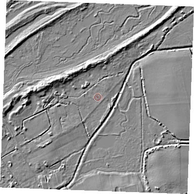 Shaded relief map of the ground around PE366LQ, computed from Environment Agency LiDAR. The ground here sits at about 3 m above sea level and falls 7 m across the surrounding 800 m. Surface water reaching this point runs off ground lying to the west-north-west, 5.5 m higher.