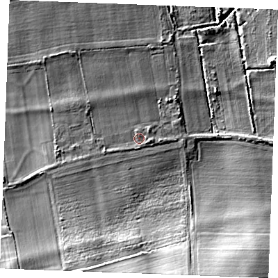 Shaded relief map of the ground around PE366LR, computed from Environment Agency LiDAR. The ground here sits at about 9 m above sea level and falls 20 m across the surrounding 800 m. Surface water reaching this point runs off ground lying to the south-south-west, 1.4 m higher.
