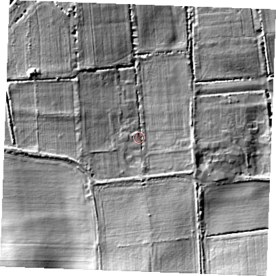 Shaded relief map of the ground around PE366LS, computed from Environment Agency LiDAR. The ground here sits at about 9 m above sea level and falls 17 m across the surrounding 800 m. Surface water reaching this point runs off ground lying to the south, 5.2 m higher.