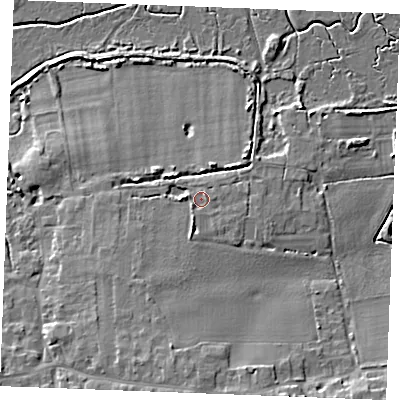 Shaded relief map of the ground around PE366NH, computed from Environment Agency LiDAR. The ground here sits at about 7 m above sea level and falls 10 m across the surrounding 800 m. Surface water reaching this point runs off ground lying to the south-south-west, 2.3 m higher.
