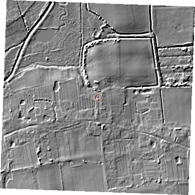 Shaded relief map of the ground around PE366NU, computed from Environment Agency LiDAR. The ground here sits at about 6 m above sea level and falls 8 m across the surrounding 800 m. Surface water reaching this point runs off ground lying to the south, 1.7 m higher.