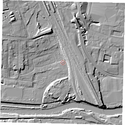 Shaded relief map of the ground around PE36AH, computed from Environment Agency LiDAR. The ground here sits at about 6 m above sea level and falls 11 m across the surrounding 800 m. Surface water reaching this point runs off ground lying to the east, 3.7 m higher.