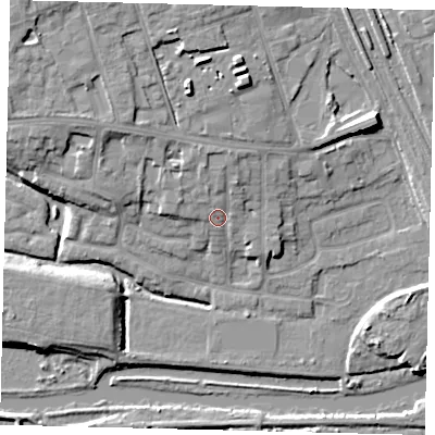 Shaded relief map of the ground around PE36BL, computed from Environment Agency LiDAR. The ground here sits at about 9 m above sea level and falls 12 m across the surrounding 800 m. Surface water reaching this point runs off ground lying to the north-north-west, 3.0 m higher.