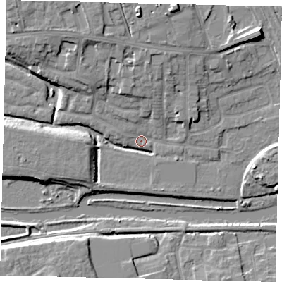 Shaded relief map of the ground around PE36BN, computed from Environment Agency LiDAR. The ground here sits at about 6 m above sea level and falls 11 m across the surrounding 800 m. Surface water reaching this point runs off ground lying to the north-north-west, 7.7 m higher.