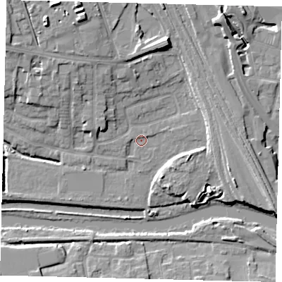 Shaded relief map of the ground around PE36BX, computed from Environment Agency LiDAR. The ground here sits at about 5 m above sea level and falls 10 m across the surrounding 800 m. Surface water reaching this point runs off ground lying to the north-east, 1.1 m higher.