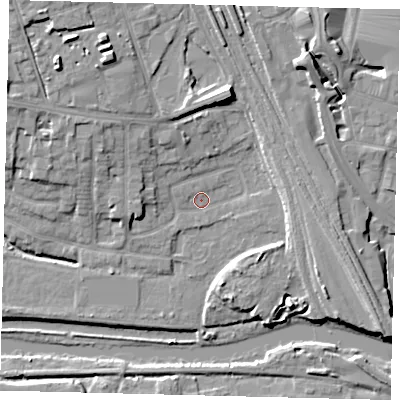 Shaded relief map of the ground around PE36BY, computed from Environment Agency LiDAR. The ground here sits at about 5 m above sea level and falls 10 m across the surrounding 800 m. Surface water reaching this point runs off ground lying to the west-north-west, 7.2 m higher.