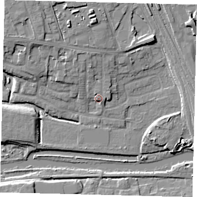 Shaded relief map of the ground around PE36BZ, computed from Environment Agency LiDAR. The ground here sits at about 8 m above sea level and falls 10 m across the surrounding 800 m. Surface water reaching this point runs off ground lying to the east-north-east, 2.4 m higher.