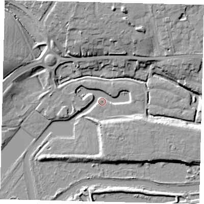 Shaded relief map of the ground around PE36GA, computed from Environment Agency LiDAR. The ground here sits at about 6 m above sea level and falls 13 m across the surrounding 800 m. Surface water reaching this point runs off ground lying to the west, 2.8 m higher.