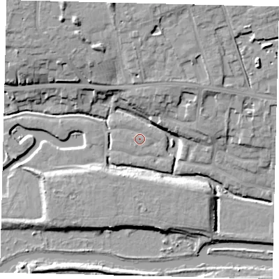 Shaded relief map of the ground around PE36GE, computed from Environment Agency LiDAR. The ground here sits at about 6 m above sea level and falls 13 m across the surrounding 800 m. Surface water reaching this point runs off ground lying to the west, 0.9 m higher.