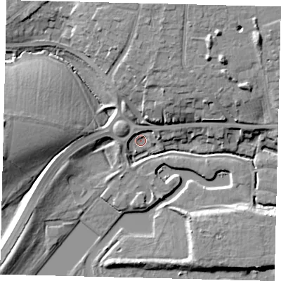 Shaded relief map of the ground around PE36GQ, computed from Environment Agency LiDAR. The ground here sits at about 5 m above sea level and falls 14 m across the surrounding 800 m. Surface water reaching this point runs off ground lying to the north-east, 4.3 m higher.