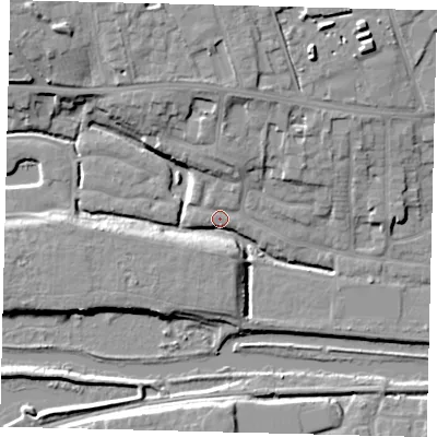 Shaded relief map of the ground around PE36HL, computed from Environment Agency LiDAR. The ground here sits at about 6 m above sea level and falls 12 m across the surrounding 800 m. Surface water reaching this point runs off ground lying to the north, 9.5 m higher.