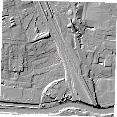 Shaded relief map of the ground around PE36HR, computed from Environment Agency LiDAR. The ground here sits at about 5 m above sea level and falls 11 m across the surrounding 800 m. Surface water reaching this point runs off ground lying to the north-north-west, 8.7 m higher.