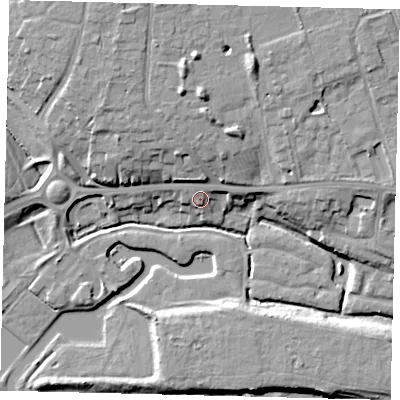 Shaded relief map of the ground around PE36JH, computed from Environment Agency LiDAR. The ground here sits at about 9 m above sea level and falls 14 m across the surrounding 800 m. Surface water reaching this point runs off ground lying to the north, 2.3 m higher.
