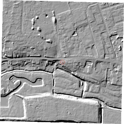 Shaded relief map of the ground around PE36JQ, computed from Environment Agency LiDAR. The ground here sits at about 10 m above sea level and falls 14 m across the surrounding 800 m. Surface water reaching this point runs off ground lying to the north, 3.9 m higher.