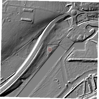 Shaded relief map of the ground around PE36LN, computed from Environment Agency LiDAR. The ground here sits at about 5 m above sea level and falls 13 m across the surrounding 800 m. Surface water reaching this point runs off ground lying to the west, 3.9 m higher.
