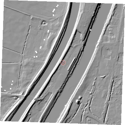 Shaded relief map of the ground around PE380AE, computed from Environment Agency LiDAR. The ground here sits at about 4 m above sea level and falls 11 m across the surrounding 800 m. Surface water reaching this point runs off ground lying to the north-north-east, 4.3 m higher.
